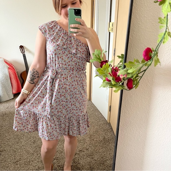 NWT Heatherly Women's One Shoulder Dress Blue Floral Tie Waist Ruffle, Sz Large - Picture 7 of 8